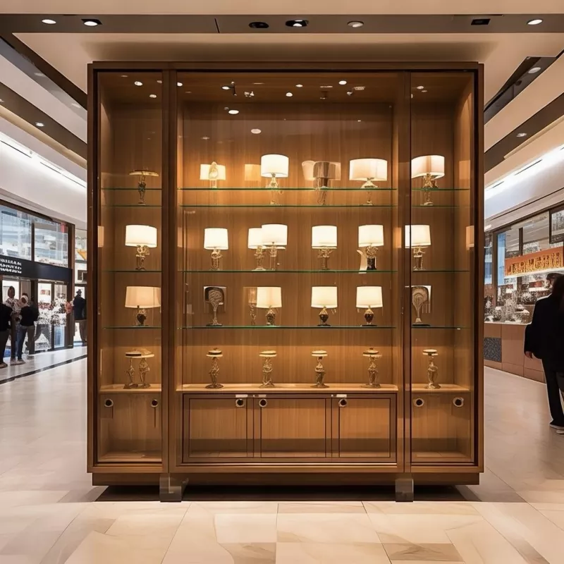 Wandmontierte Beleuchtungsvitrine aus Holz